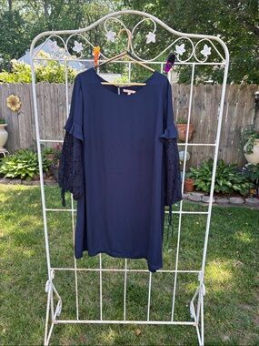 Navy Shift Dress with Lace Bell Sleeves